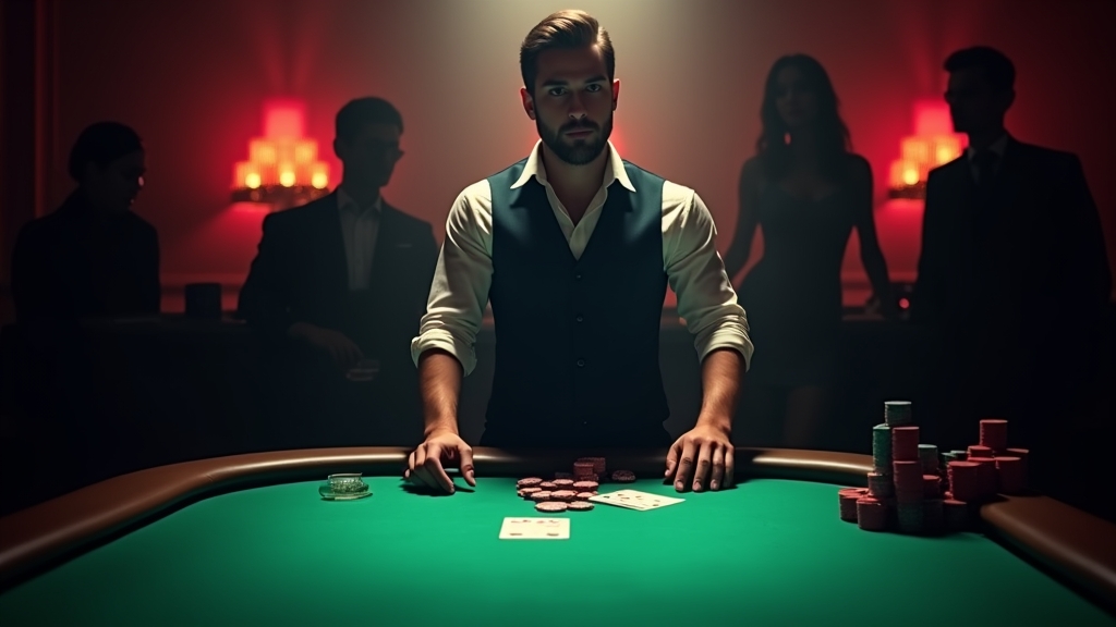 Dealer conduzindo mesa ao vivo em cassino escuro