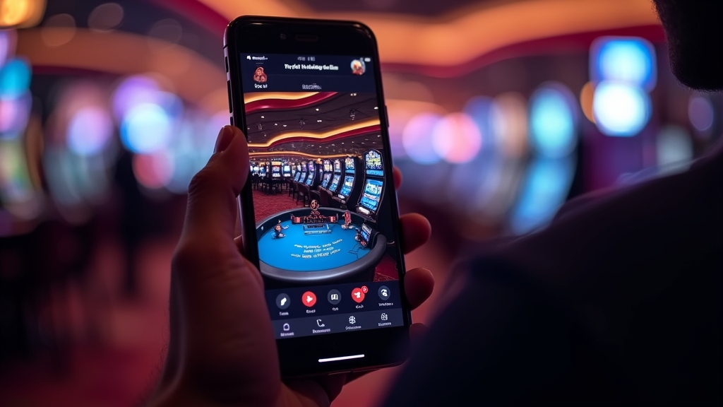 Celular exibindo mesas ao vivo em ambiente de cassino escuro