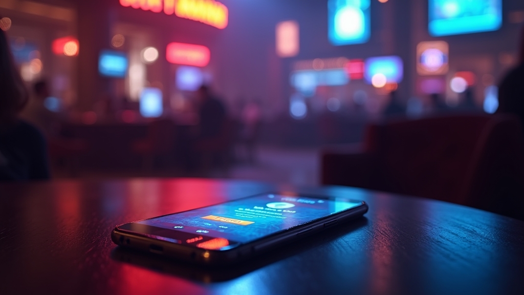Celular exibindo download de APK em ambiente de cassino escuro